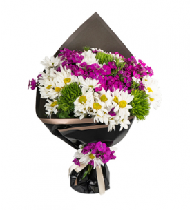 Siyah Ambalajda Mor Hüsnüyusuflar ve Beyaz Papatyalar Buket (~ 53 cm)
