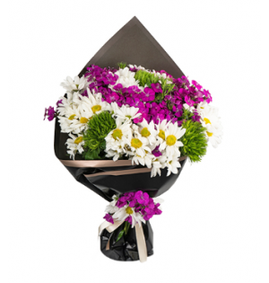 Siyah Ambalajda Mor Hüsnüyusuflar ve Beyaz Papatyalar Buket (~ 53 cm)