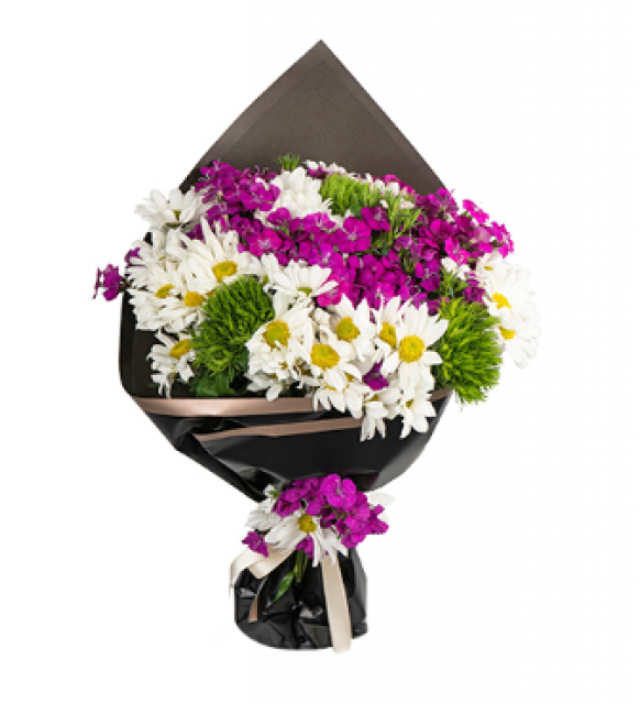 Siyah Ambalajda Mor Hüsnüyusuflar ve Beyaz Papatyalar Buket (~ 53 cm)